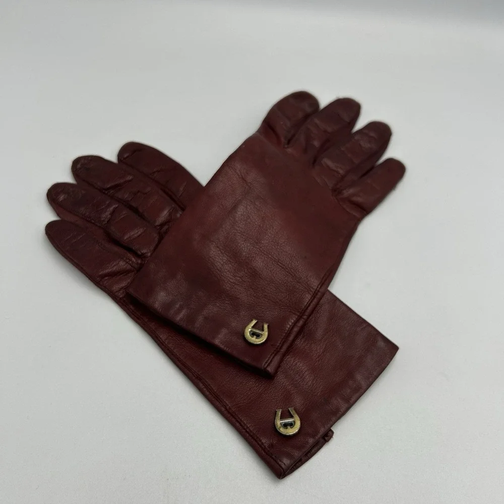 Vintage Etienne Aigner Burgundy Leather Gloves Women Size 7 Italy Horseshoe Logo